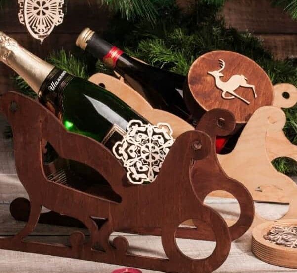 Σετ των 3 Intra απο ξύλο plywood 3mm-4mm πάχος – Ξύλινη θήκη για μπουκάλια κρασιού Santa Sleigh 10x10 cm INTRAVECTRY-MY549683