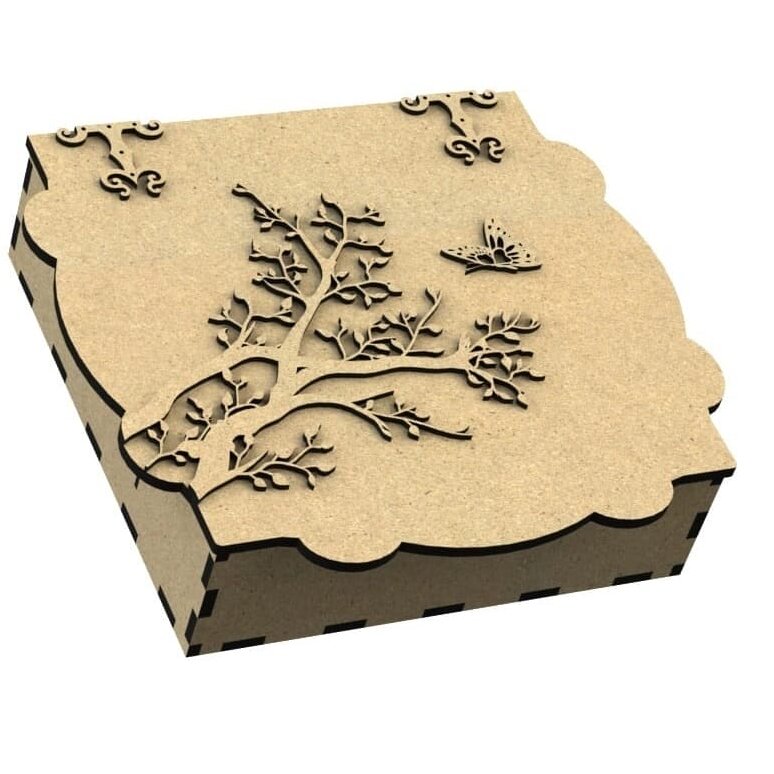 Intra απο ξύλο plywood 3mm-4mm πάχος – Ξύλινο κουτί δώρου με 3D δέντρο και πεταλούδα στο καπάκι ξύλο DXF 45x50 cm INTRAVECTRY-MY552349
