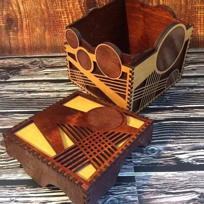 Intra απο ξύλο plywood 3mm-4mm πάχος – Μικρό Ξύλινο Κουτί με Κύκλους και Διχτυωτό Σχέδιο 4mm ξύλο DXF 12x15 cm INTRAVECTRY-MY557556