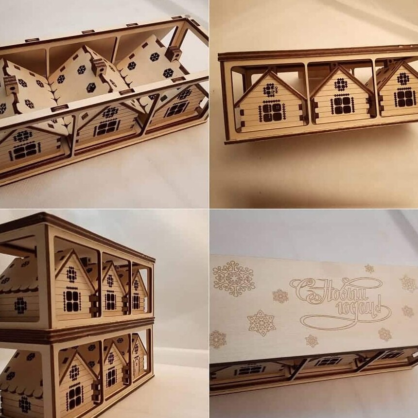Σετ των 3 Intra απο ξύλο plywood 3mm-4mm πάχος – Χριστουγεννιάτικα ζαχαρωτά σπιτάκια με χαραγμένο ξύλο κουτιού συσκευασίας 30x30 cm INTRAVECTRY-MY549644