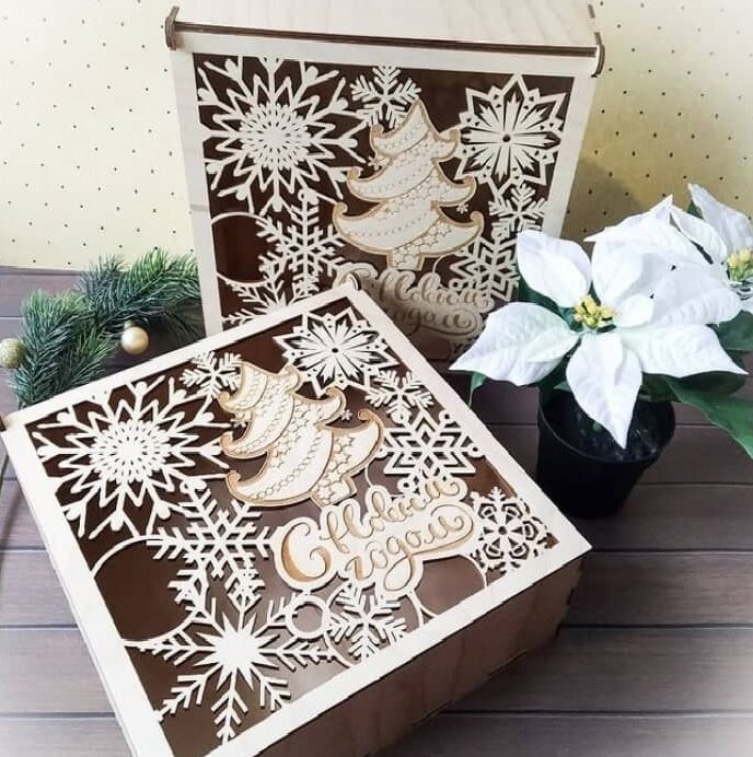 Σετ των 2 Intra απο ξύλο plywood 3mm-4mm πάχος – Διακοσμητικό Χριστουγεννιάτικο κουτί από κόντρα πλακέ 250x250x80 ξύλο 40x40 cm INTRAVECTRY-MY556229