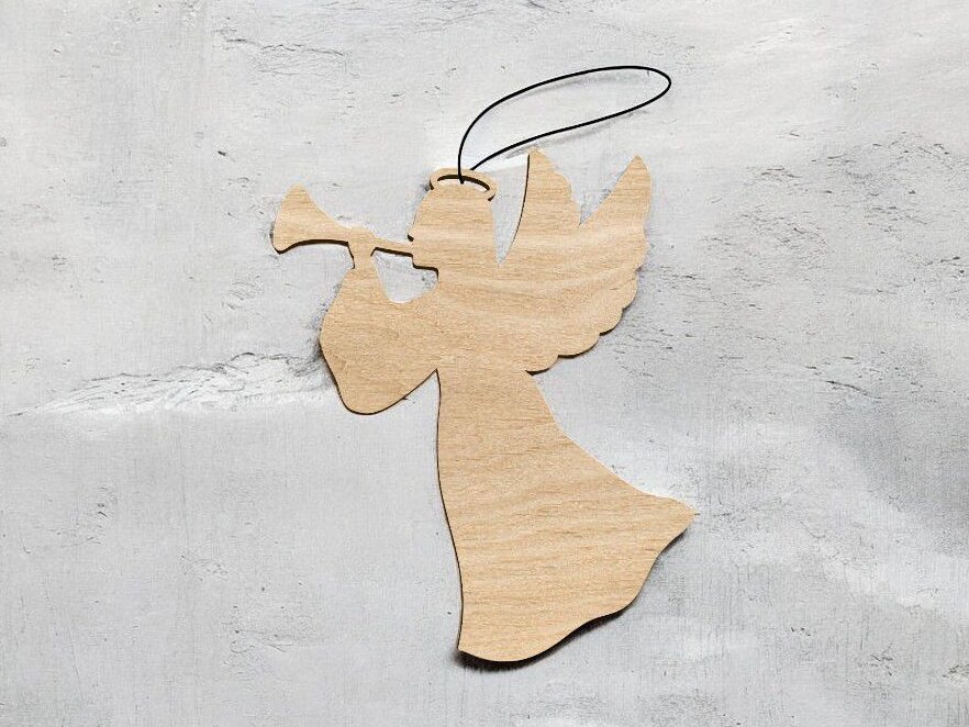 Σετ των 3 Intra απο ξύλο plywood 3mm-4mm πάχος – Άγγελος με στολίδι με φυσώντας κέρατο 35x40 cm INTRAVECTRY-MY559611