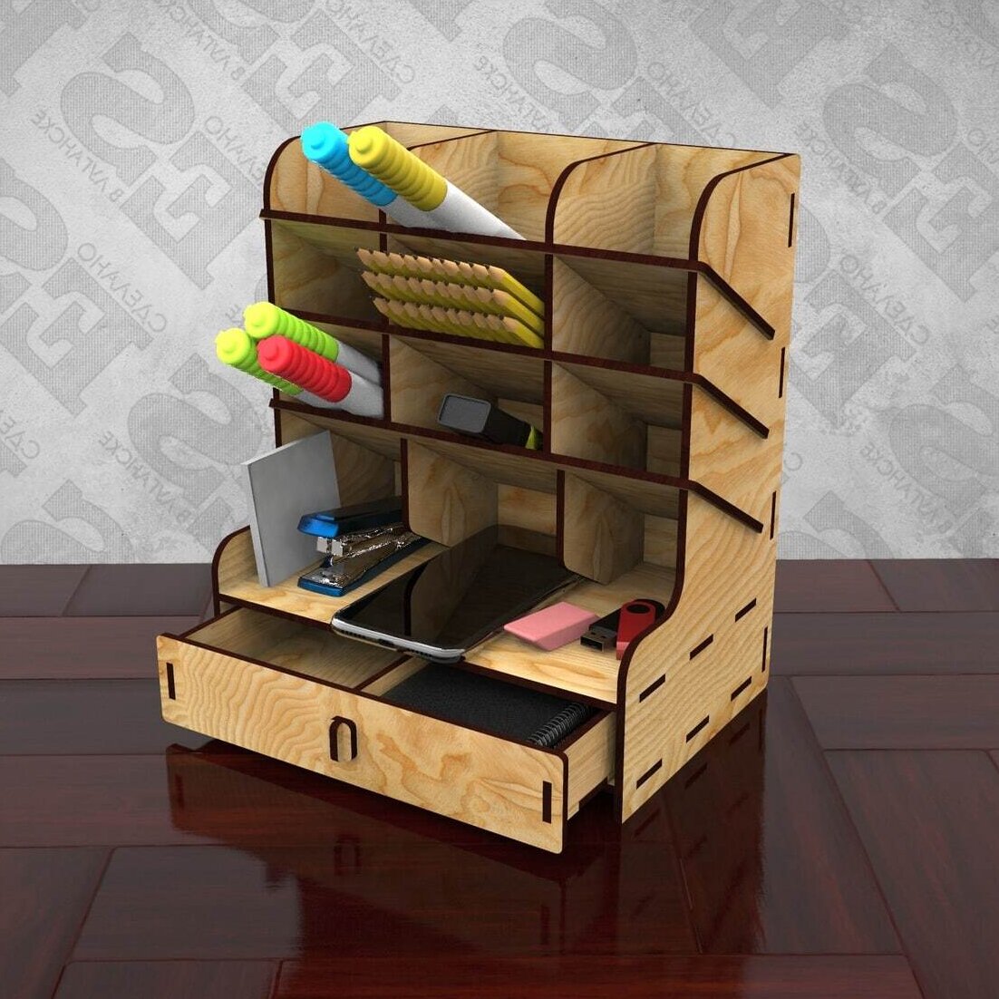 Intra απο ξύλο plywood 3mm-4mm πάχος – Πολυλειτουργικό Desktop Organizer με συρτάρια 30x35 cm INTRAVECTRY-MY556213