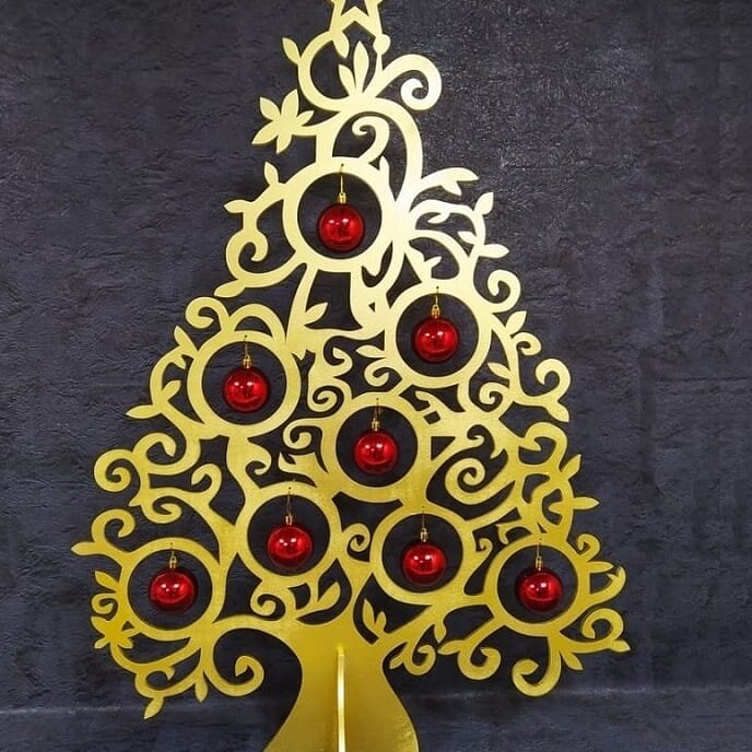 Σετ των 3 Intra απο ξύλο plywood 3mm-4mm πάχος – Swirly Χριστουγεννιάτικο Δέντρο με χώρο για κρεμασμένο ξύλο στολιδιών 25x25 cm INTRAVECTRY-MY550556