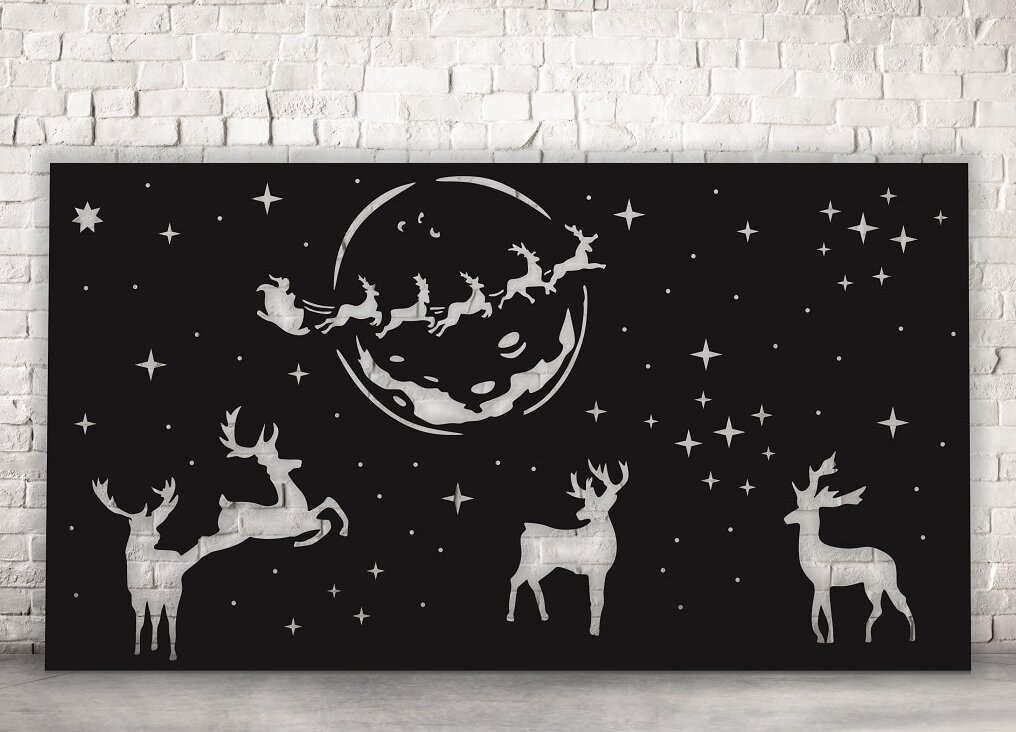 Σετ των 3 Intra απο ξύλο plywood 3mm-4mm πάχος – Έλκηθρο Άγιου Βασίλη με ιπτάμενους τάρανδους στον πίνακα τοίχου του ουρανού 50x60 cm INTRAVECTRY-MY549727