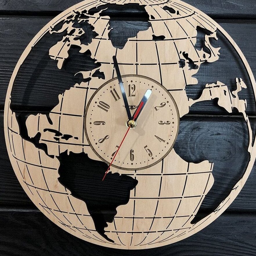 Intra απο ξύλο plywood 3mm-4mm πάχος – Earth Globe Παγκόσμιος Χάρτης Γεωγραφία Ρολόι τοίχου 20x20 cm INTRAVECTRY-MY552031