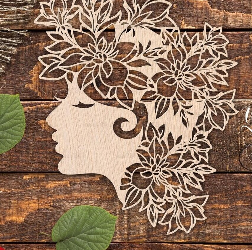 Intra απο ξύλο plywood 3mm-4mm πάχος – ξύλο τέχνης τοίχου για κορίτσι με λουλουδάτα μαλλιά 25x30 cm INTRAVECTRY-MY560815