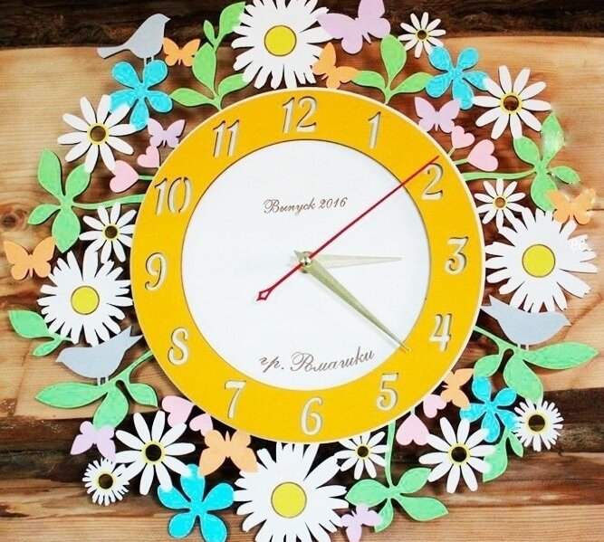 Intra απο ξύλο plywood 3mm-4mm πάχος – Ξύλινο ρολόι τοίχου με λίμα με λουλούδια και πουλάκια 40x45 cm INTRAVECTRY-MY561111