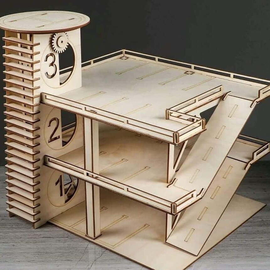 Intra απο ξύλο plywood 3mm-4mm πάχος – Γκαράζ τριών επιπέδων στάθμευσης για αυτοκίνητα παιχνιδιών με ξύλο ελικοδρόμιο 45x50 cm INTRAVECTRY-MY560455