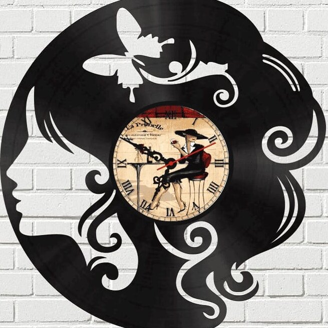 Intra απο ξύλο plywood 3mm-4mm πάχος – Vintage Vinyl LP Record Girl Ρολόι τοίχου 15x15 cm INTRAVECTRY-MY557319