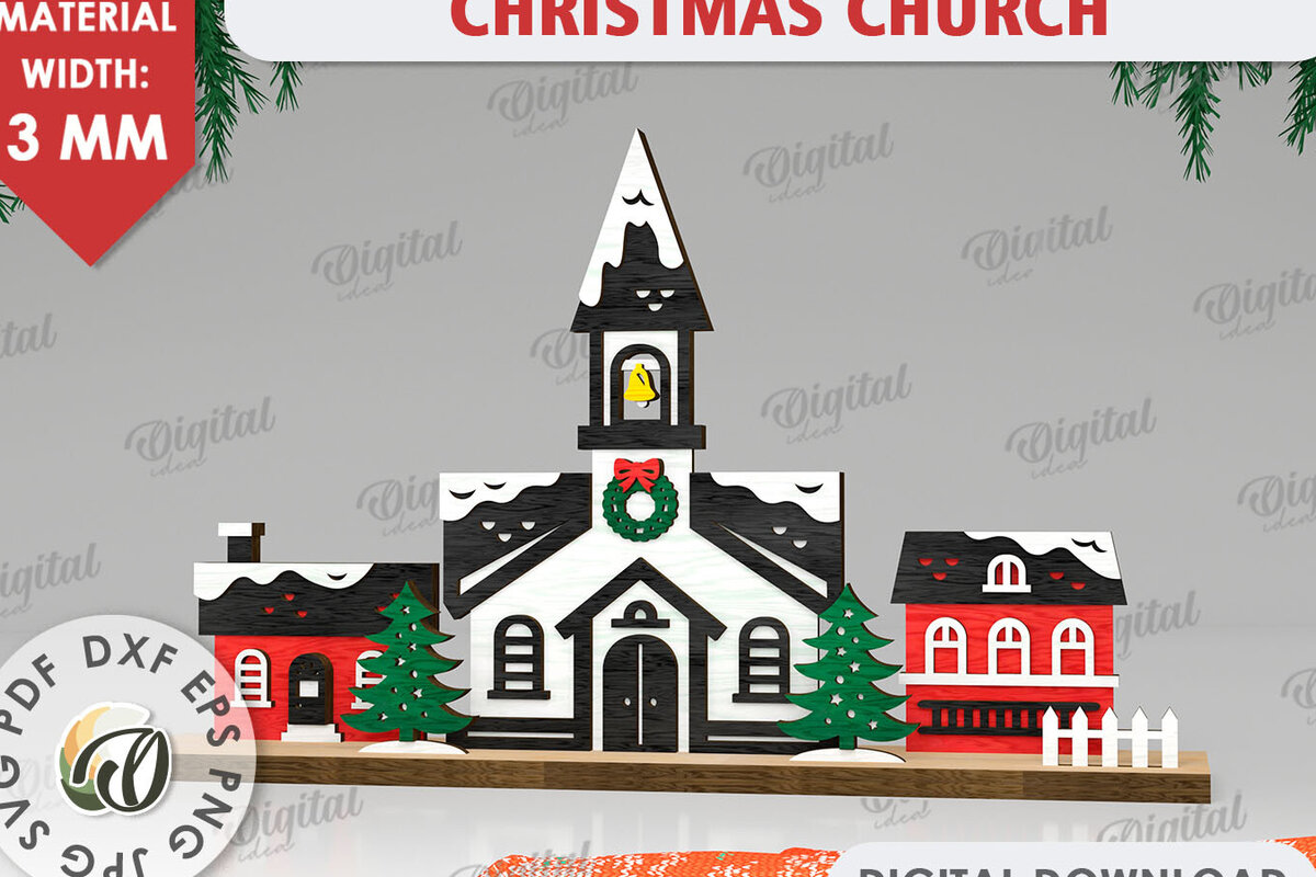 Σετ των 2 Intra απο ξύλο plywood 3mm-4mm πάχος Τρισδιάστατη χριστουγεννιάτικη εκκλησία κοπής με λέιζερ Δίασταση 15x15 cm INTRAFABR-109486583