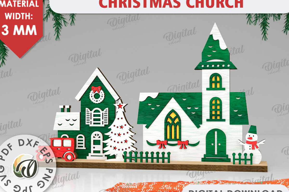 Σετ των 2 Intra απο ξύλο plywood 3mm-4mm πάχος Τρισδιάστατη χριστουγεννιάτικη εκκλησία κοπής με λέιζερ Δίασταση 15x15 cm INTRAFABR-109486451