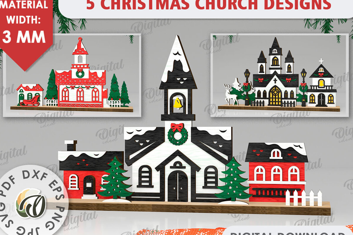 Σετ των 2 Intra απο ξύλο plywood 3mm-4mm πάχος Δέσμη κοπής με λέιζερ τρισδιάστατες εκκλησίες Χριστουγέννων Δίασταση 15x15 cm INTRAFABR-109489670