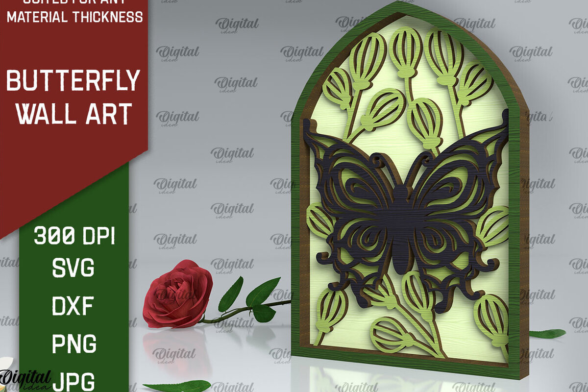 Intra απο ξύλο plywood 3mm-4mm πάχος Σχέδιο κοπής με λέιζερ τέχνης τοίχου πεταλούδας Δίασταση 40x40 cm INTRAFABR-102117758