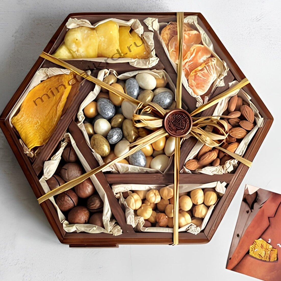 Intra απο ξύλο plywood 3mm-4mm πάχος – Ξύλινο Εξάγωνο ξύλο Δίσκου δώρου με ξηρούς καρπούς και λιχουδιές 25x30 cm INTRAVECTRY-MY559098