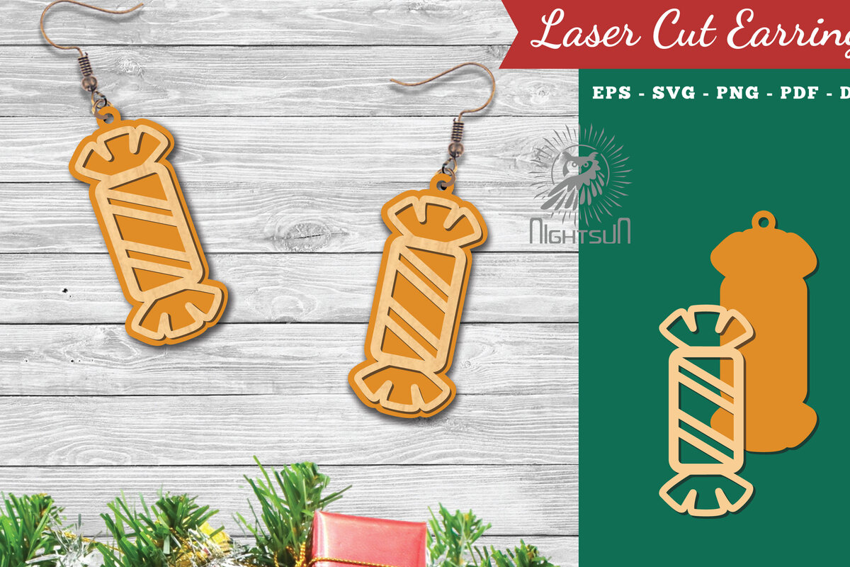 Σετ των 3 Intra απο ξύλο plywood 3mm-4mm πάχος Χριστουγεννιάτικα σκουλαρίκια με λέιζερ καραμέλα 4 Δίασταση 3x3 cm INTRAFABR-112553266