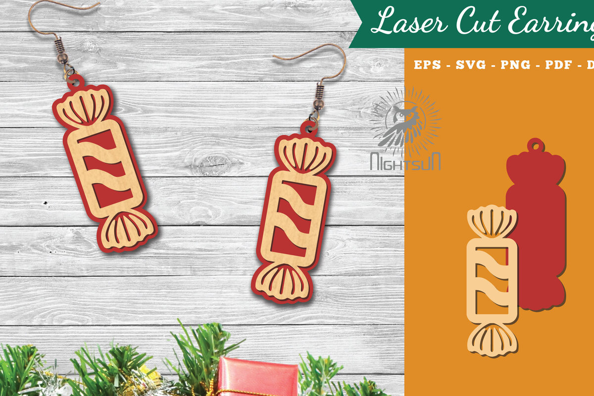 Σετ των 3 Intra απο ξύλο plywood 3mm-4mm πάχος Χριστουγεννιάτικα σκουλαρίκια με λέιζερ καραμέλα 5 Δίασταση 3x3 cm INTRAFABR-112553380