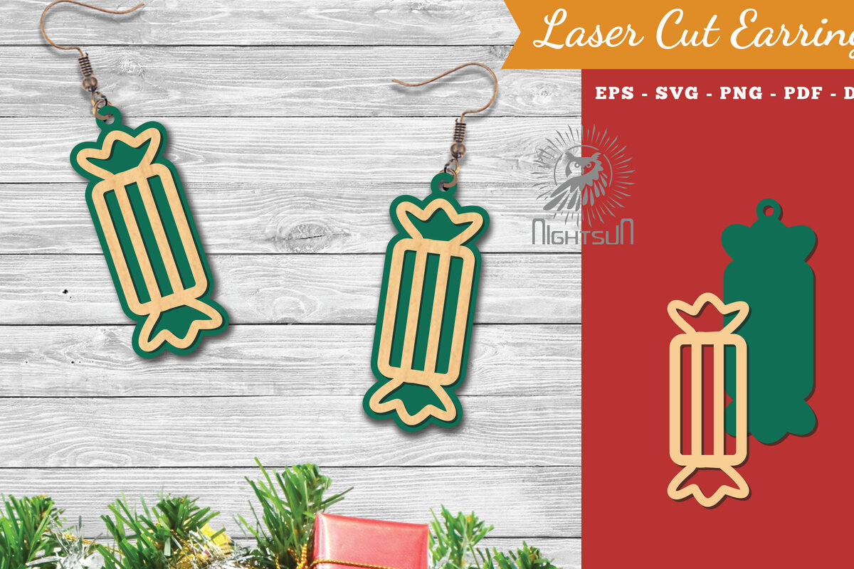 Σετ των 3 Intra απο ξύλο plywood 3mm-4mm πάχος Χριστουγεννιάτικα σκουλαρίκια κομμένα με λέιζερ καραμέλα 6 Δίασταση 3x3 cm INTRAFABR-112553416