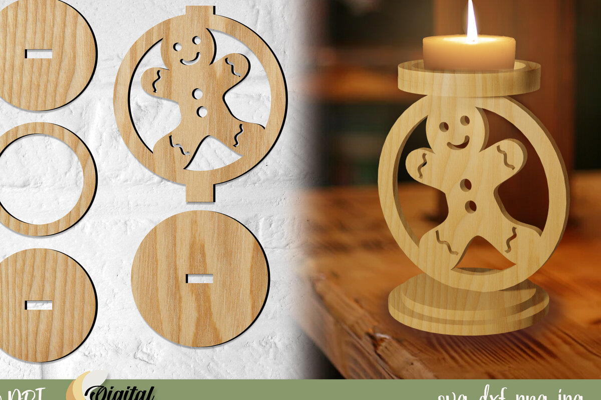 Σετ των 2 Intra απο ξύλο plywood 3mm-4mm πάχος Κηροπήγιο Χριστουγεννιάτικο GingerBread Δίασταση 15x15 cm INTRAFABR-77069524