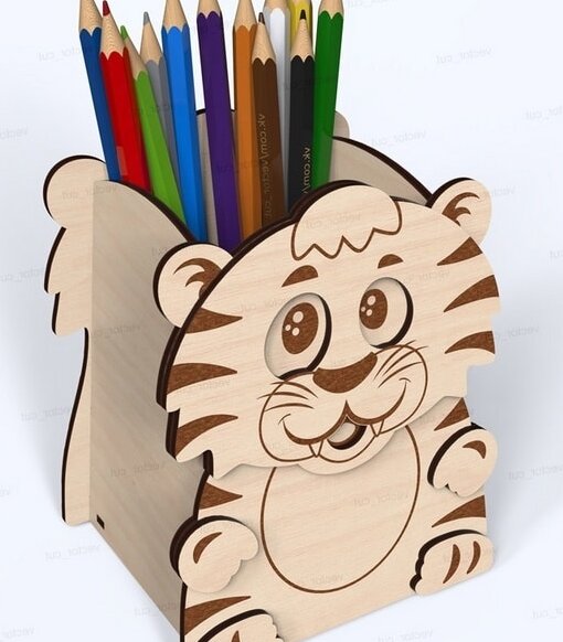 Σετ των 2 Intra απο ξύλο plywood 3mm-4mm πάχος – Κουτί αποθήκευσης μολυβιού με χαριτωμένο στυλό Tiger για παιδιά 30x35 cm INTRAVECTRY-MY558495