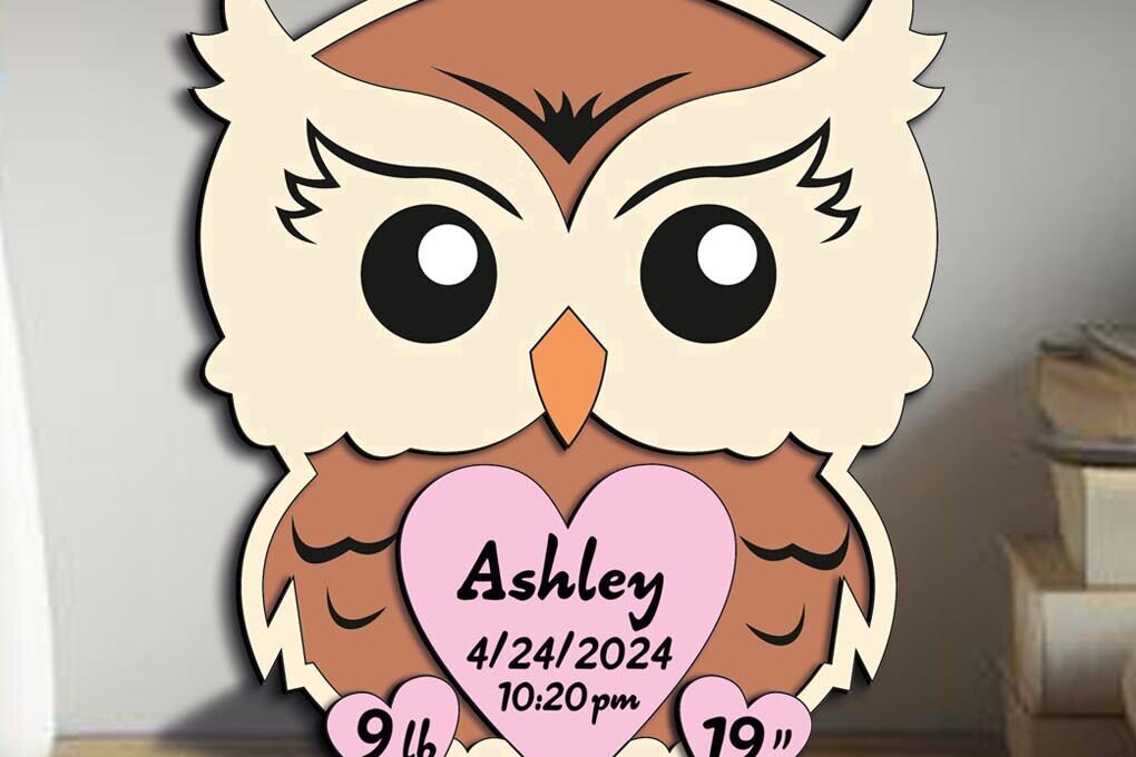 Σετ των 2 Intra απο ξύλο plywood 3mm-4mm πάχος – Πινακίδα ανακοίνωσης γέννησης νεογέννητου μωρού κουκουβάγιας Δίασταση  20x20 cm INTRAFABR-103245642