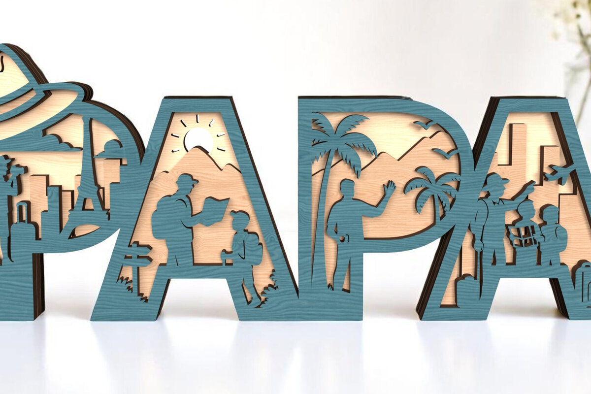 Σετ των 2 Intra απο ξύλο plywood 3mm-4mm πάχος – Papa 3D Travel Theme Layered σημάδι Δίασταση  20x20 cm INTRAFABR-121728786