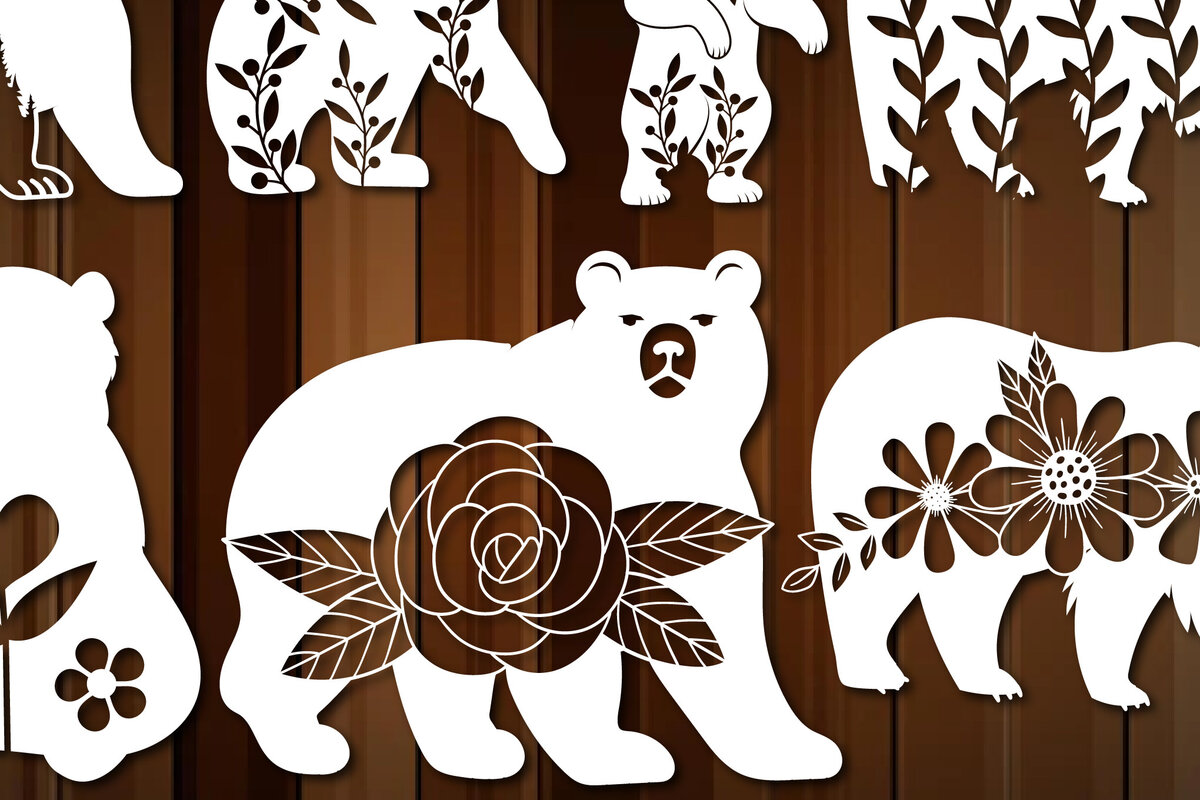 Σετ των 2 Intra απο ξύλο plywood 3mm-4mm πάχος – Χάρτινο κομμένο Bear Flowers Mega Bundle Δίασταση  20x20 cm INTRAFABR-29563288
