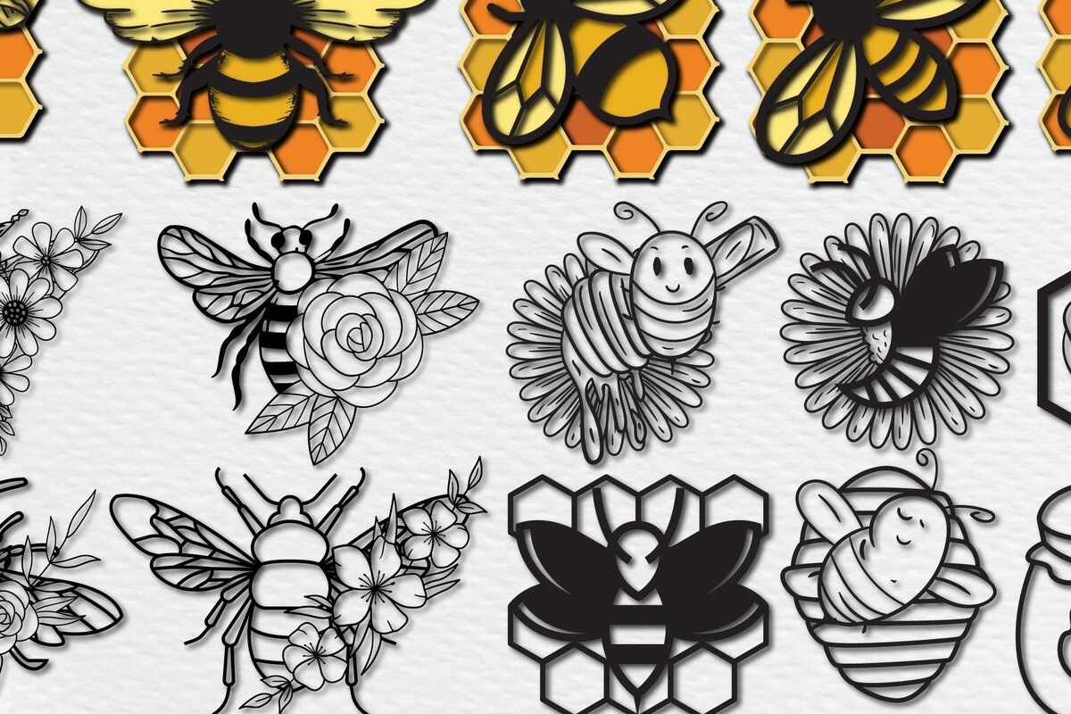 Σετ των 2 Intra απο ξύλο plywood 3mm-4mm πάχος – Paper Cut Bee, Dxf Cut Bundle Δίασταση  20x20 cm INTRAFABR-35160926