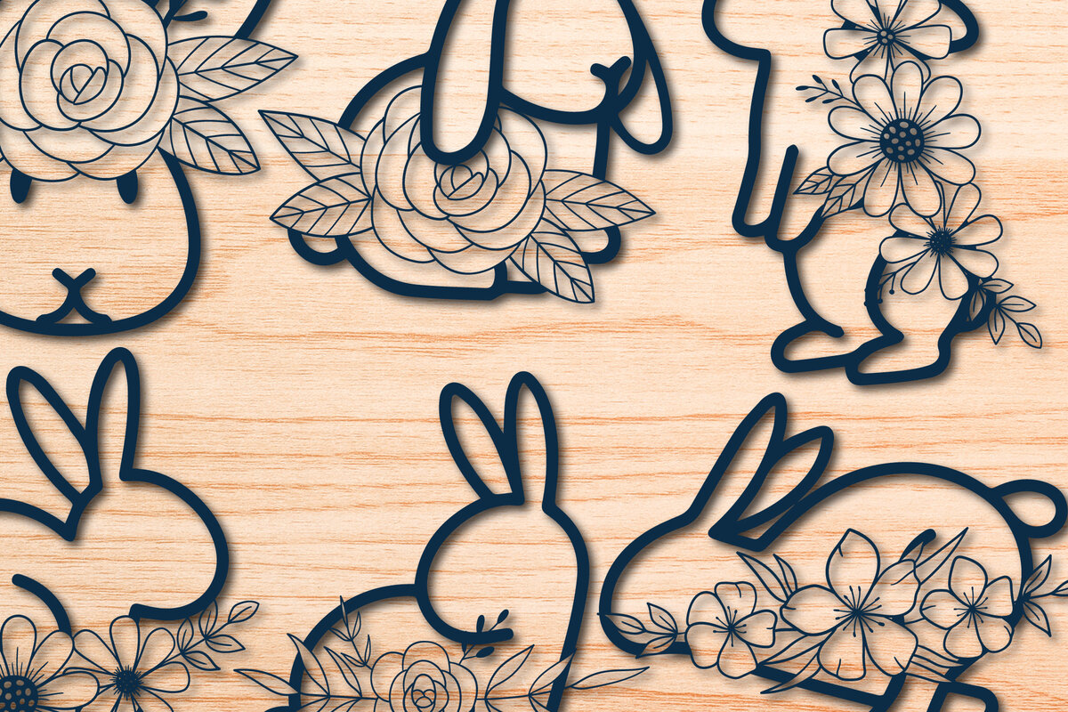 Σετ των 2 Intra απο ξύλο plywood 3mm-4mm πάχος – Paper Cut Bunny Flowers 3d Bundle Δίασταση  20x20 cm INTRAFABR-30203639