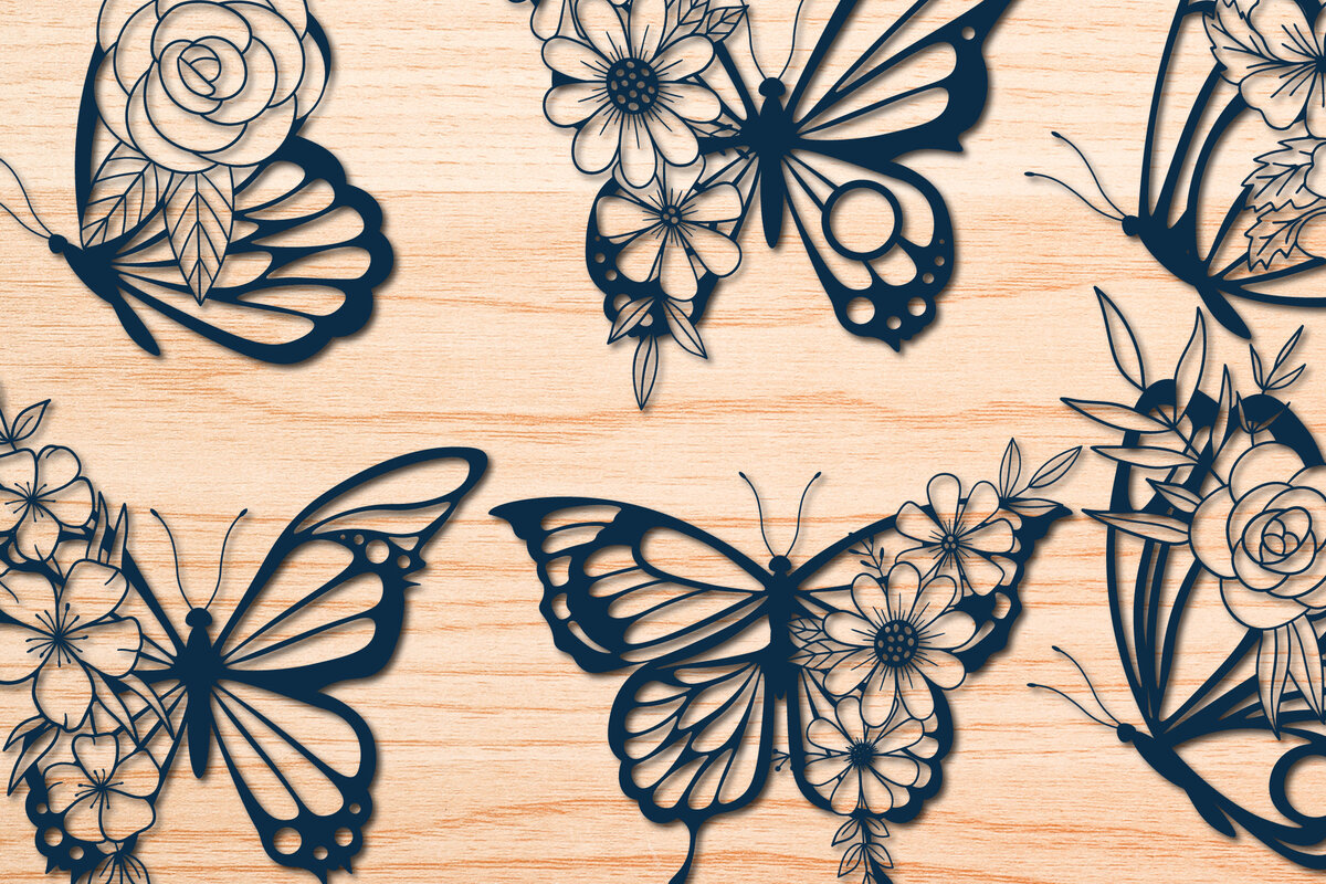 Σετ των 2 Intra απο ξύλο plywood 3mm-4mm πάχος – Πακέτο Flowers Butterfly Paper Cut Δίασταση  20x20 cm INTRAFABR-30115191