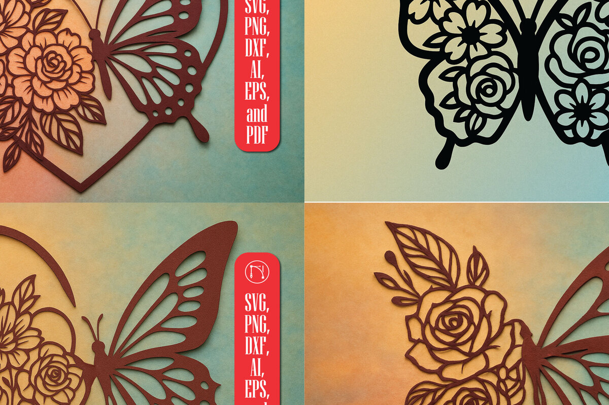 Σετ των 2 Intra απο ξύλο plywood 3mm-4mm πάχος – Πακέτο Floral Butterfly Cut Paper Cut Δίασταση  20x20 cm INTRAFABR-119934589