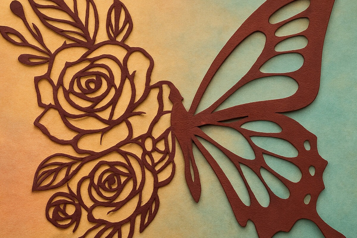 Σετ των 2 Intra απο ξύλο plywood 3mm-4mm πάχος – Κοπή χαρτιού Floral Butterfly Δίασταση  20x20 cm INTRAFABR-119934118