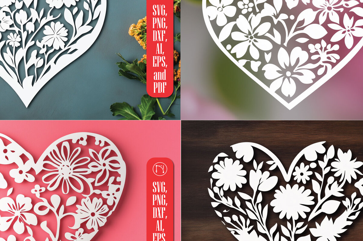 Σετ των 2 Intra απο ξύλο plywood 3mm-4mm πάχος – Πακέτο Floral Heart Cut Paper Δίασταση  20x20 cm INTRAFABR-115974459