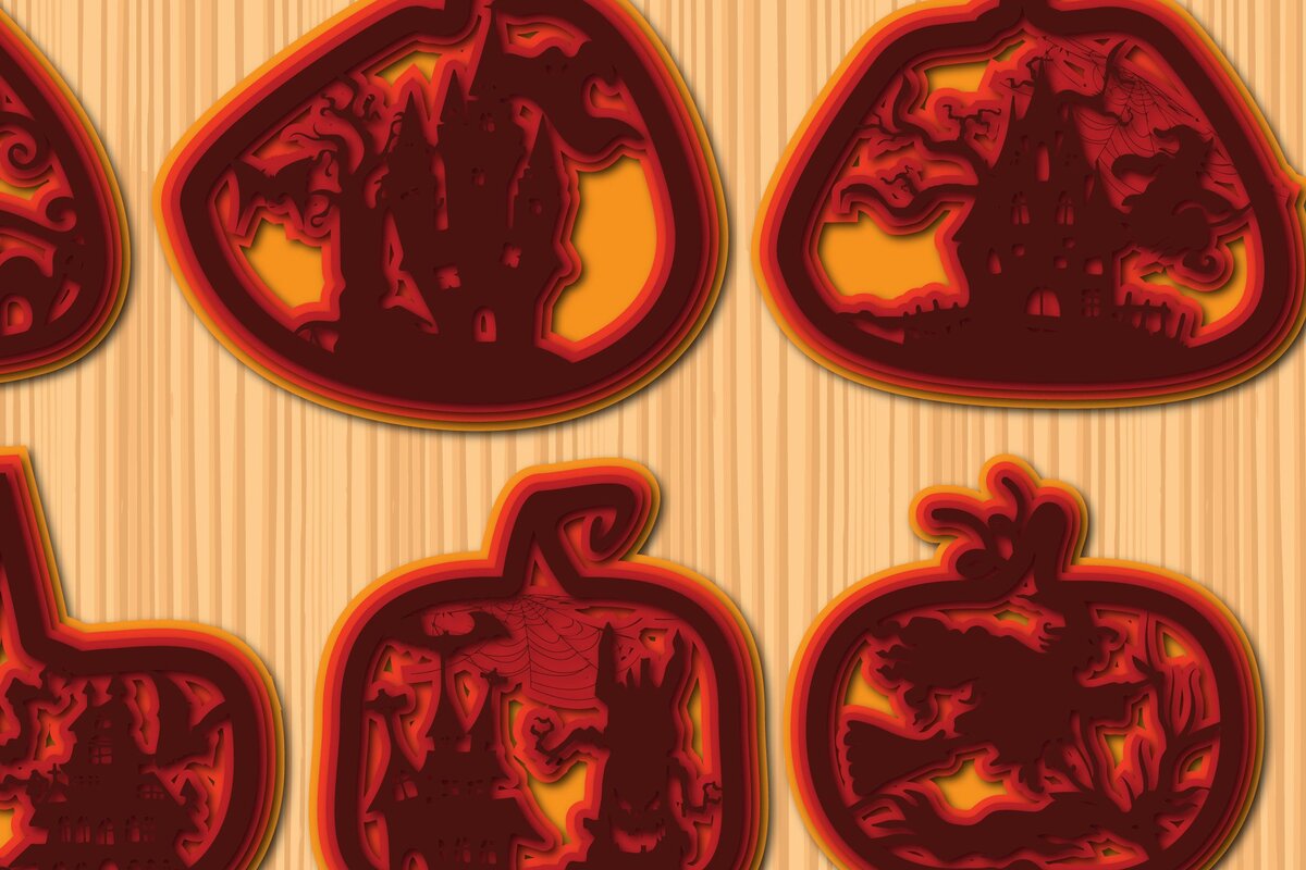 Σετ των 2 Intra απο ξύλο plywood 3mm-4mm πάχος – Δέσμη από Halloween Pumpkin Paper Cut Δίασταση  20x20 cm INTRAFABR-34690638