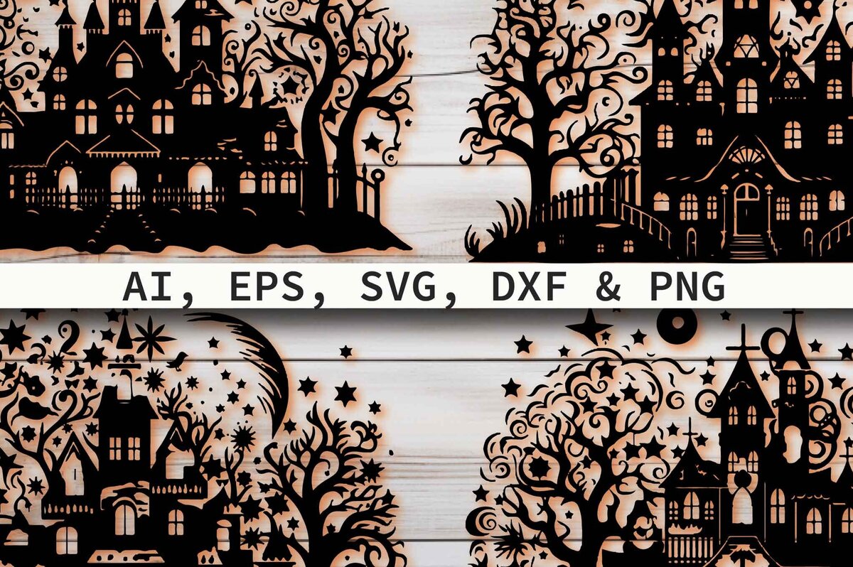 Σετ των 2 Intra απο ξύλο plywood 3mm-4mm πάχος – Paper Cut Haunted House Πακέτο Δίασταση  20x20 cm INTRAFABR-81035406