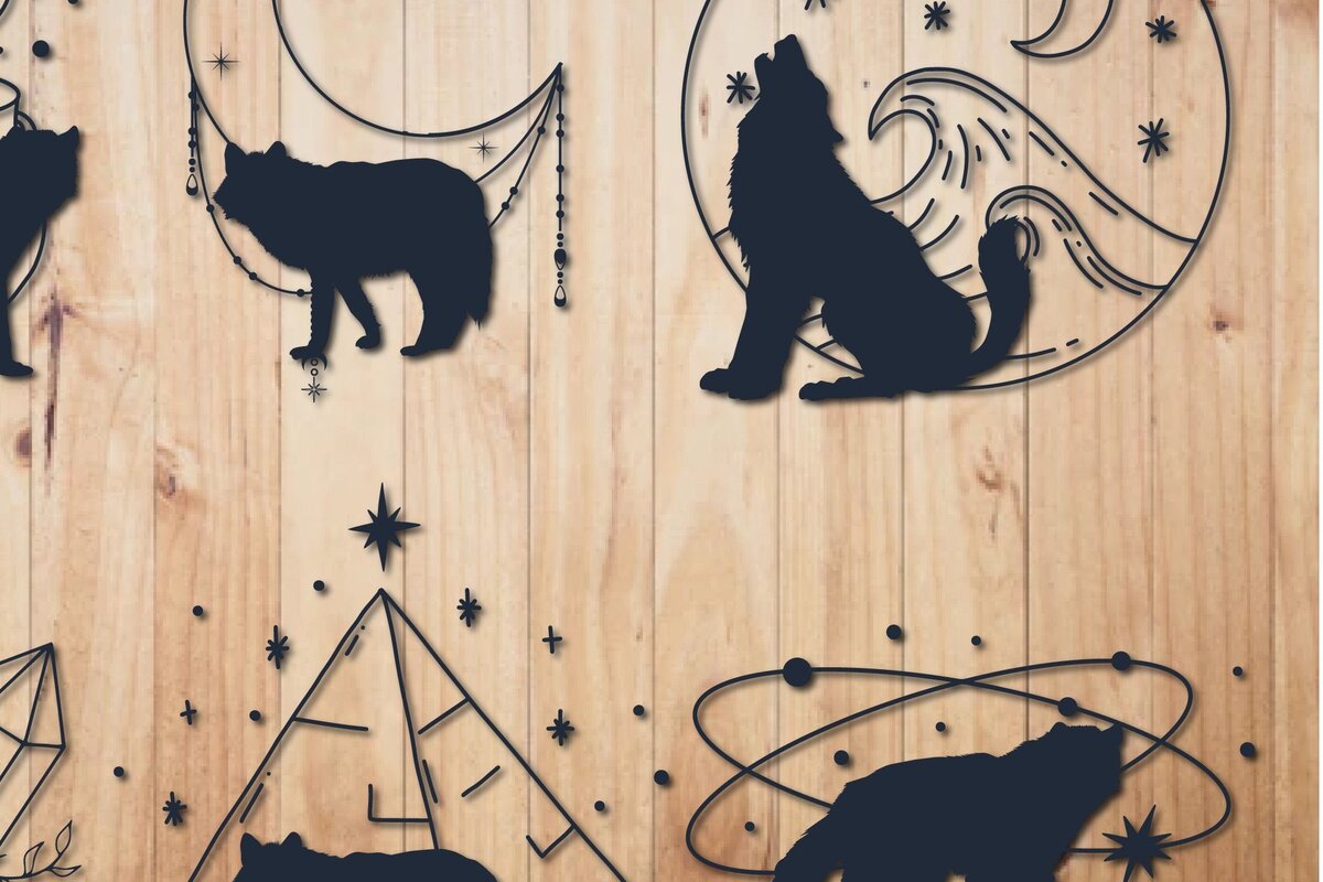 Σετ των 2 Intra απο ξύλο plywood 3mm-4mm πάχος – Δέσμη Paper Cut Mystical Wolf Δίασταση  20x20 cm INTRAFABR-31183685