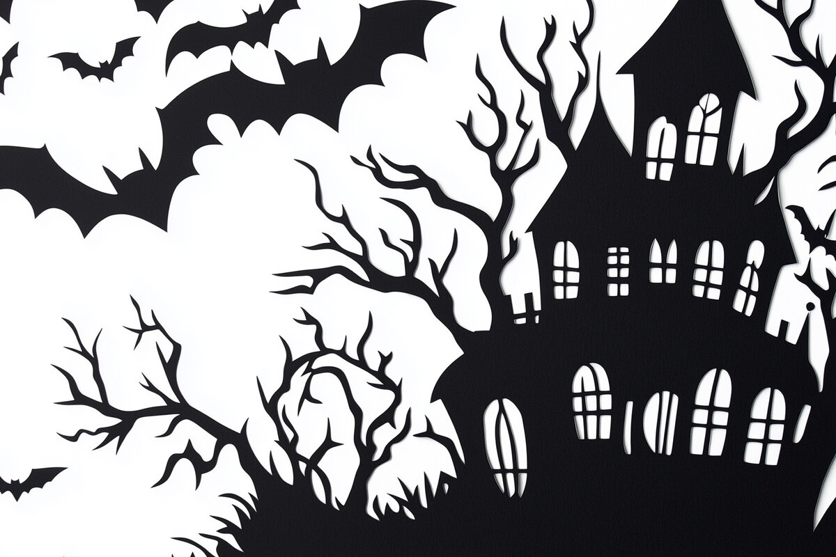 Σετ των 2 Intra απο ξύλο plywood 3mm-4mm πάχος – Χαρτί κοπής Spooky Haunted House Δίασταση  20x20 cm INTRAFABR-106608953