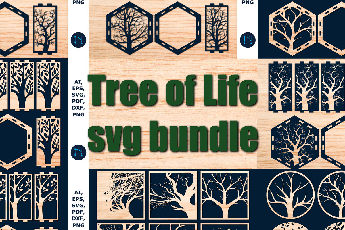 Σετ των 2 Intra απο ξύλο plywood 3mm-4mm πάχος – Πακέτο Cut Tree of Life από χαρτί/λέιζερ Δίασταση  20x20 cm INTRAFABR-56510358