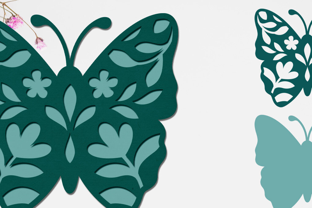 Σετ των 2 Intra απο ξύλο plywood 3mm-4mm πάχος – Πεταλούδα και λουλούδια με στρώσεις χαρτόκοψη Δίασταση  20x20 cm INTRAFABR-72564620