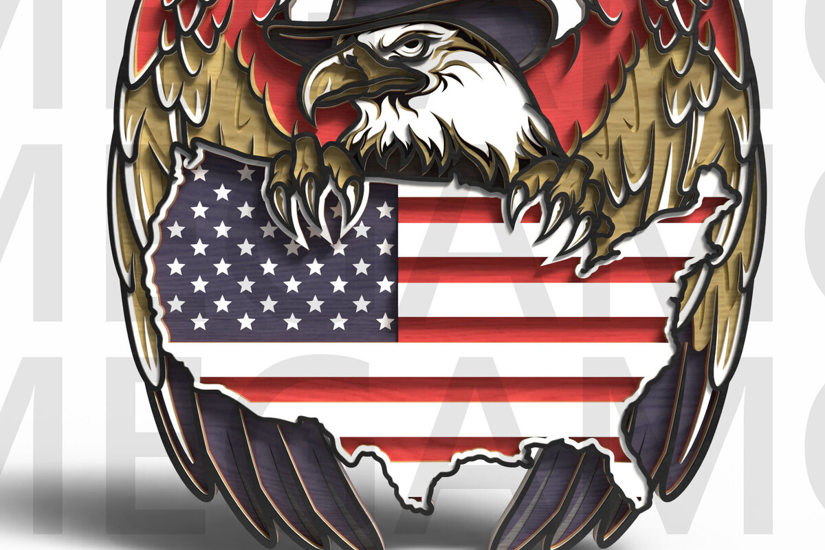 Σετ των 2 Intra απο ξύλο plywood 3mm-4mm πάχος – Patriotic Bald Eagle Χάρτης ΗΠΑ Κοπή λέιζερ Δίασταση  20x20 cm INTRAFABR-122357510