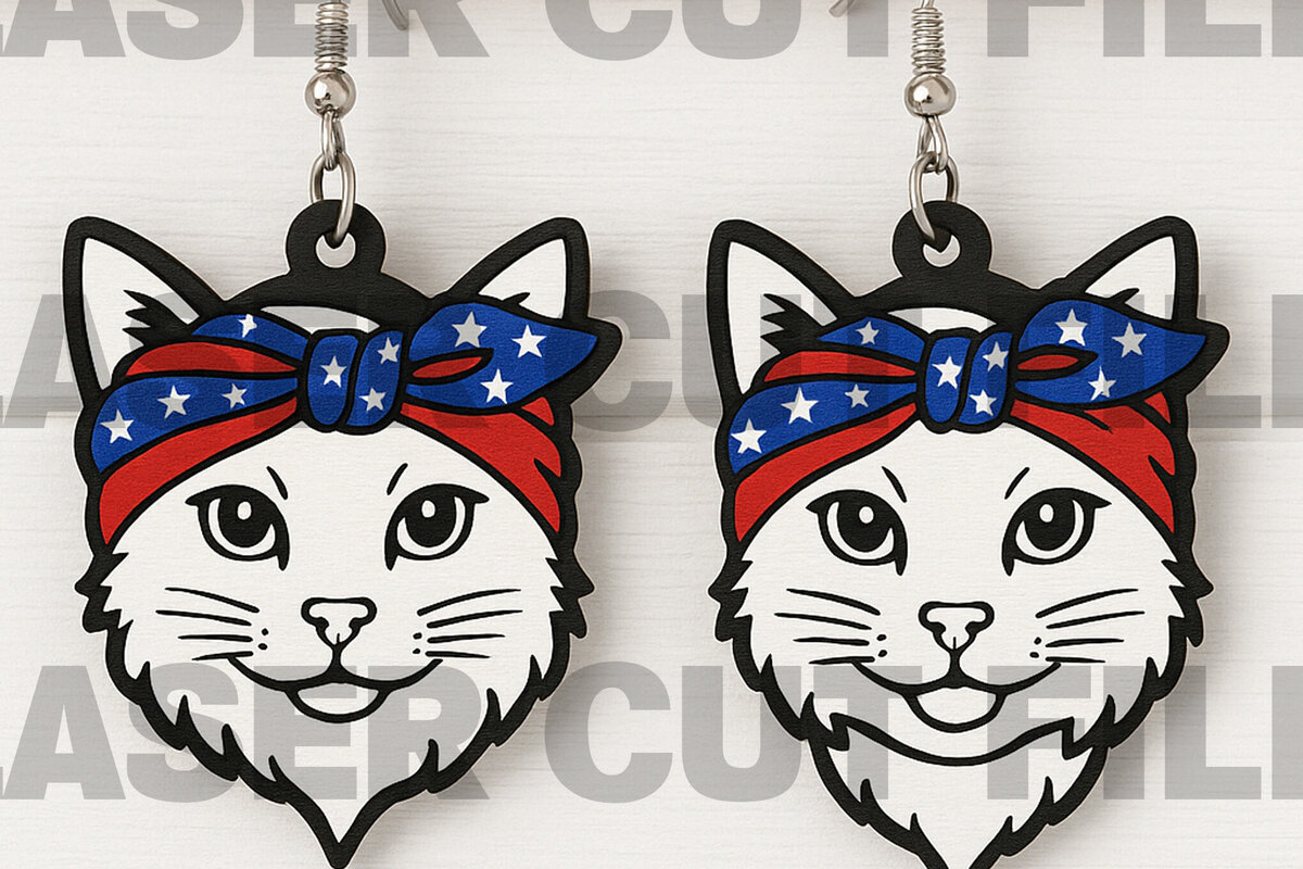 Σετ των 3 Intra απο ξύλο plywood 3mm-4mm πάχος – Patriotic Cat Earrings Δίασταση  5x5 cm INTRAFABR-122673532