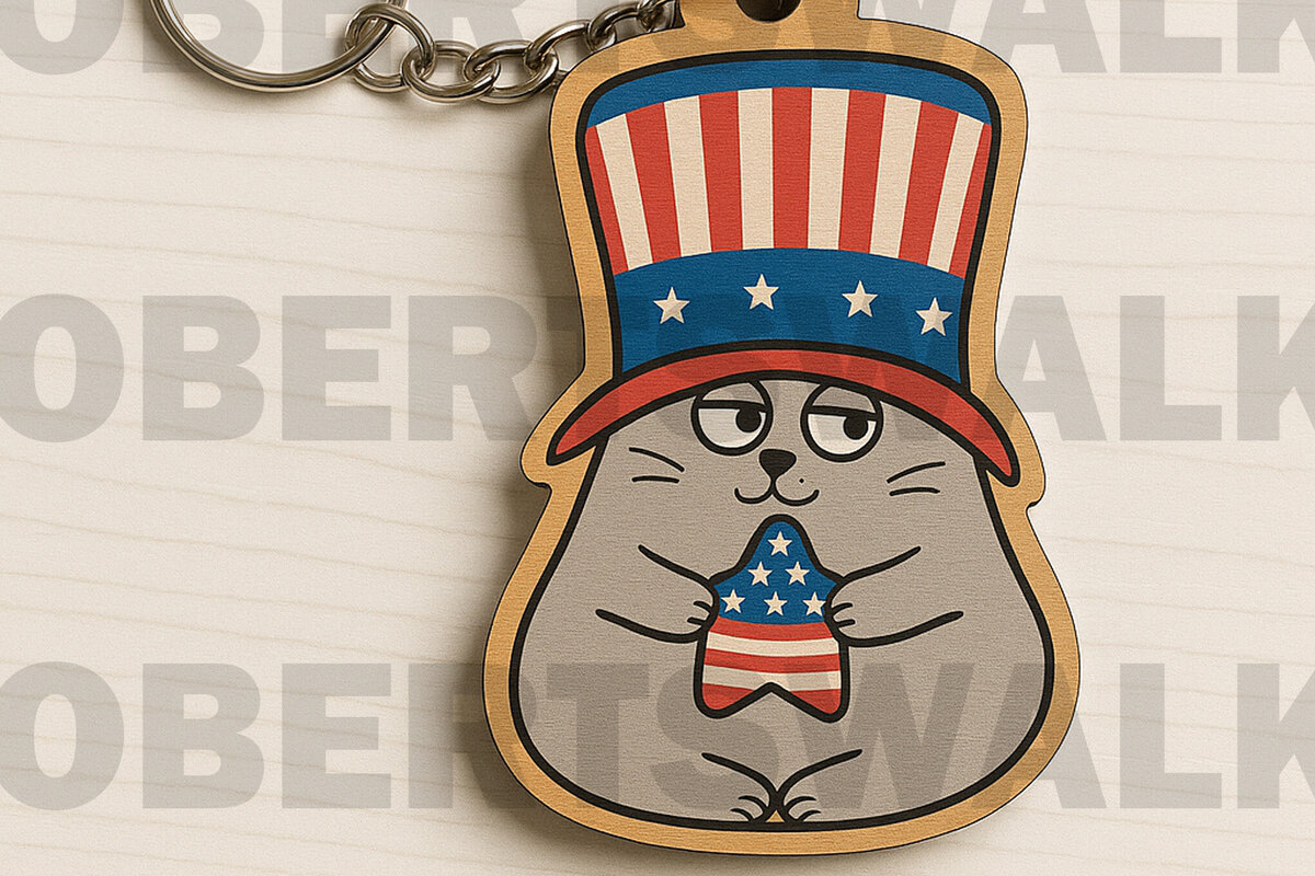 Σετ των 3 Intra απο ξύλο plywood 3mm-4mm πάχος – Μπρελόκ Patriotic Cat Δίασταση  5x5 cm INTRAFABR-122600789