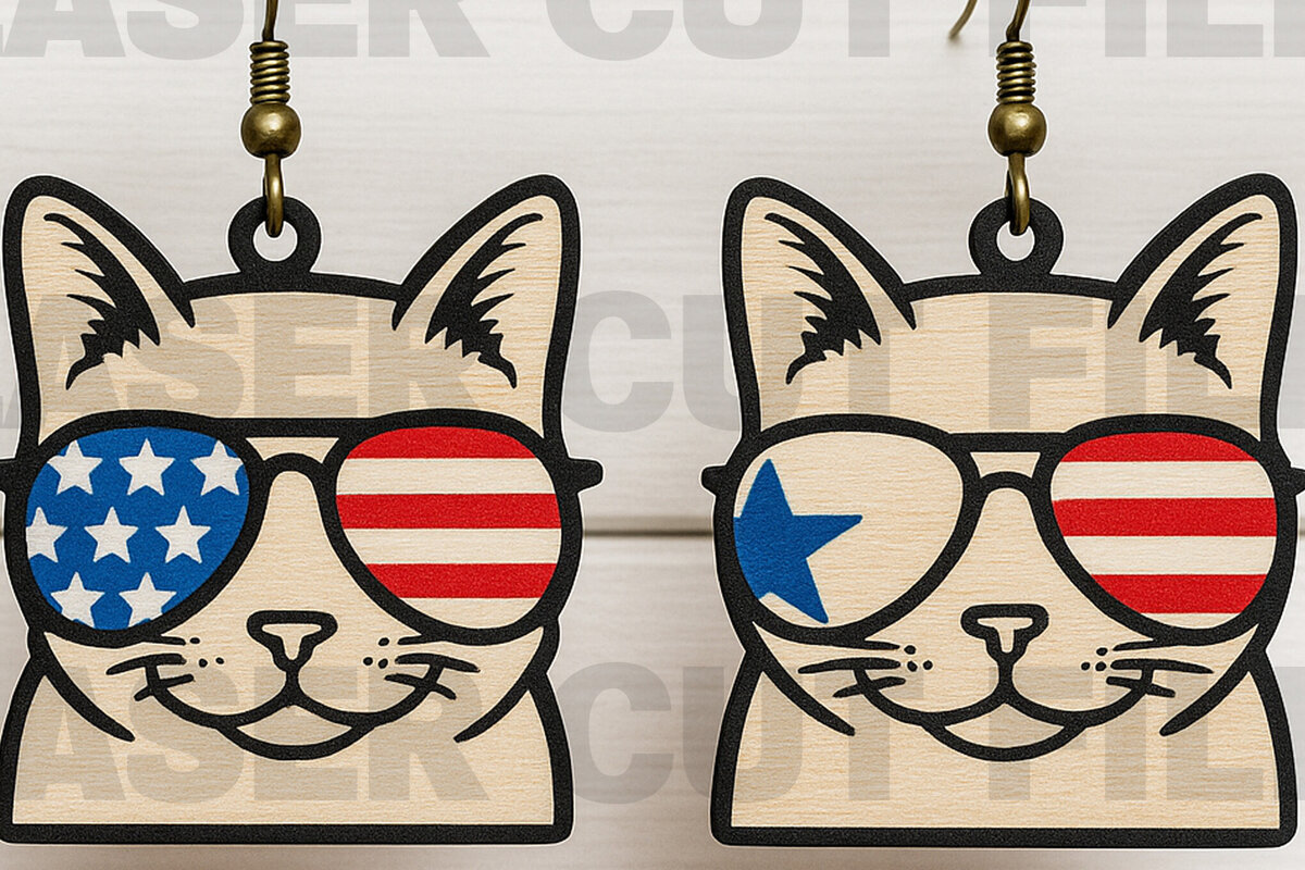 Σετ των 3 Intra απο ξύλο plywood 3mm-4mm πάχος – Patriotic Cat Glasses Earrings Δίασταση  5x5 cm INTRAFABR-122673567