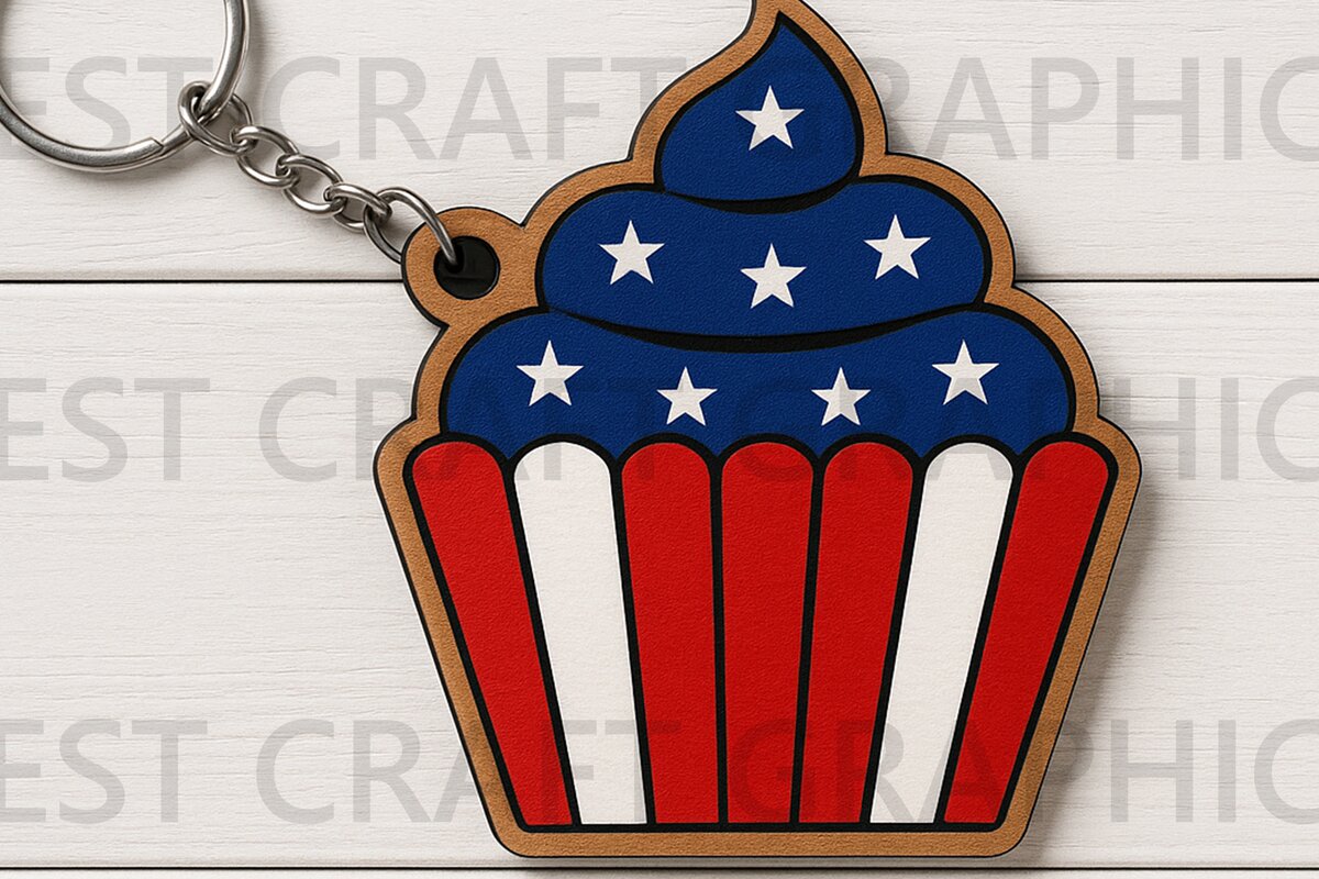Σετ των 3 Intra απο ξύλο plywood 3mm-4mm πάχος – Μπρελόκ Patriotic Cupcake Δίασταση  5x5 cm INTRAFABR-122937426