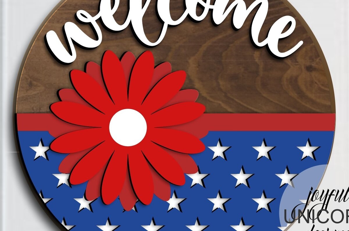 Σετ των 2 Intra απο ξύλο plywood 3mm-4mm πάχος – Patriotic Daisy Welcome Sin Δίασταση  20x20 cm INTRAFABR-69127604