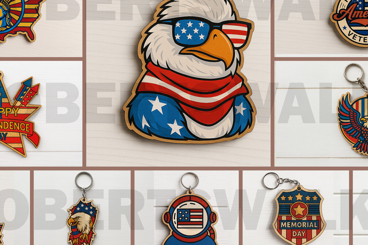 Σετ των 3 Intra απο ξύλο plywood 3mm-4mm πάχος – Δέσμη μπρελόκ με κοπή λέιζερ Patriotic Eagle Δίασταση  5x5 cm INTRAFABR-122397996