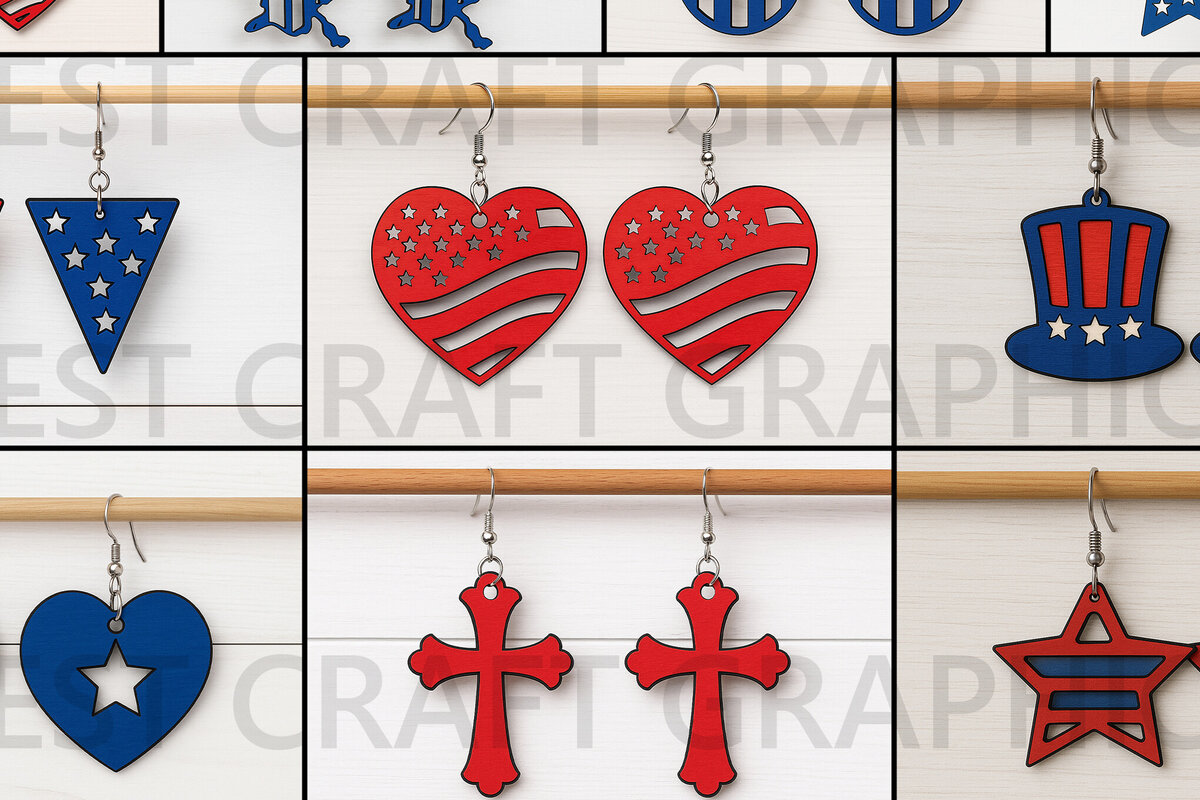 Σετ των 2 Intra απο ξύλο plywood 3mm-4mm πάχος – Patriotic Earrings Bundle USA Δίασταση  5x5 cm INTRAFABR-122655558