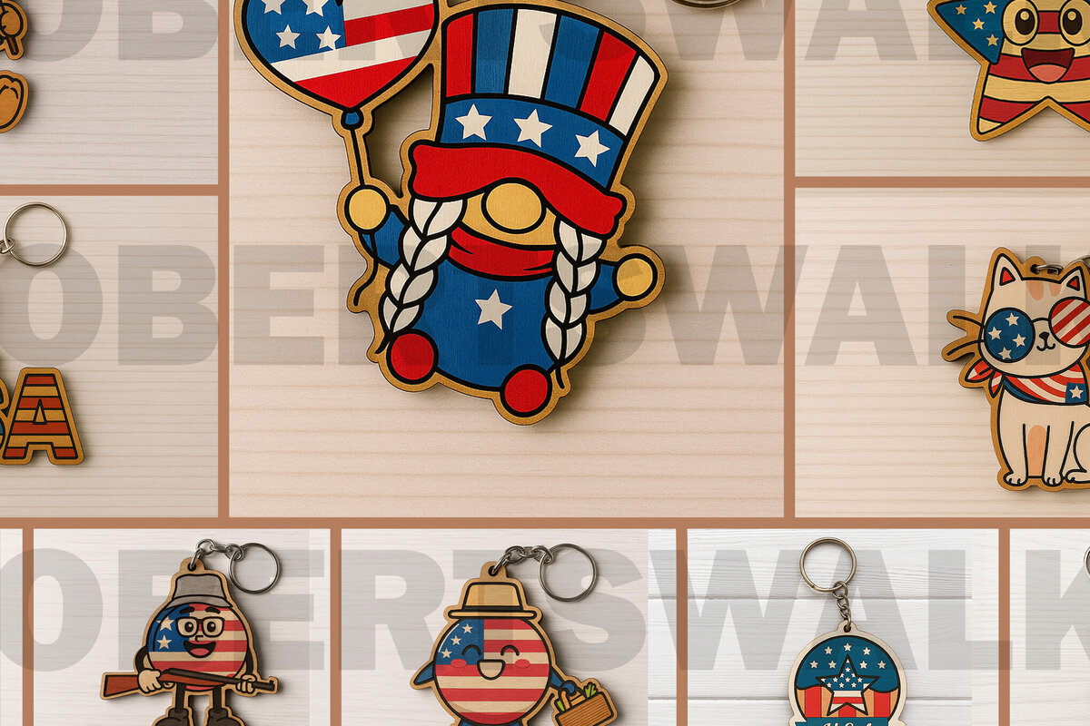 Σετ των 3 Intra απο ξύλο plywood 3mm-4mm πάχος – Μπρελόκ Patriotic Girl Gnome Δίασταση  5x5 cm INTRAFABR-122601320