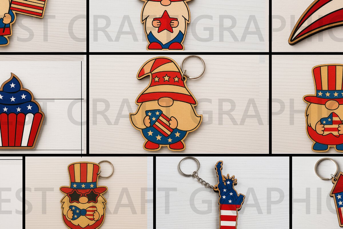 Σετ των 3 Intra απο ξύλο plywood 3mm-4mm πάχος – Μπρελόκ Patriotic Gnome Bowtie Δίασταση  5x5 cm INTRAFABR-122937505