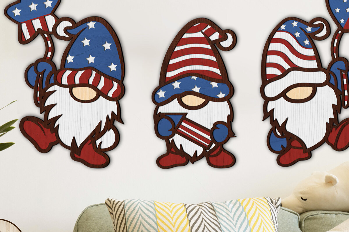 Σετ των 2 Intra απο ξύλο plywood 3mm-4mm πάχος – Patriotic Gnomes Ημέρα Ανεξαρτησίας Δίασταση  20x20 cm INTRAFABR-72574604
